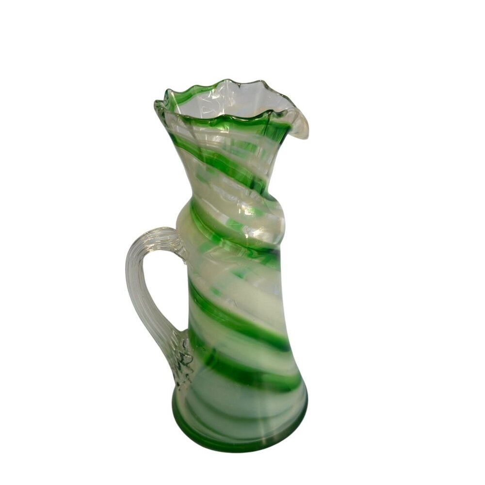 Smith's Old Timer Green & White Swirled Glass Pitcher With Ruffled Rim 8 1/2"